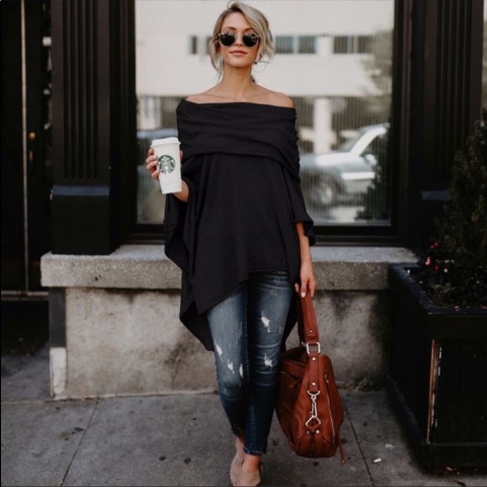 Off-Shoulder Top Sweater/Cape / Poncho - Picture 5 of 8